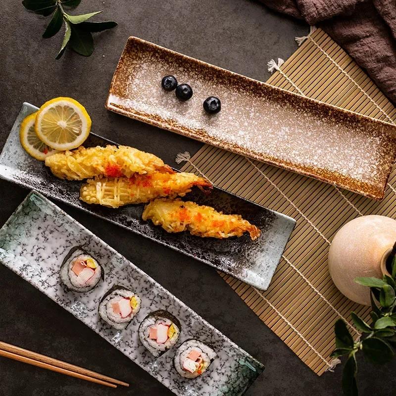11 Inch Japanese Style Sushi Plate Ceramic Creative Rectangular Plate Dim Sum Plate Personalized Retro Tableware Plating