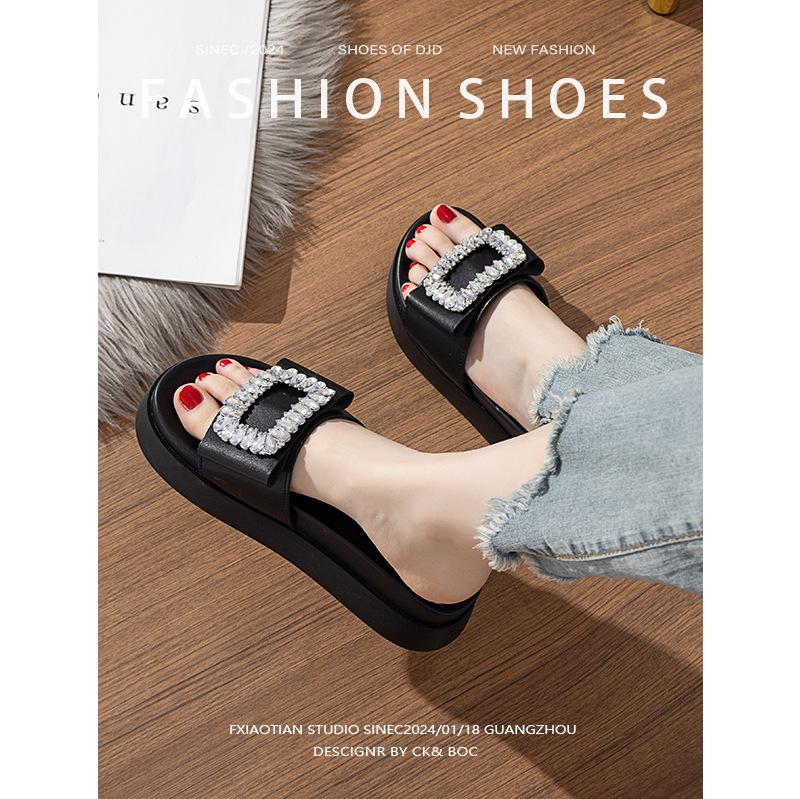 5cm thick-bottomed cool slippers fashionable rhinestone one-word muffin bottom non-slip flat bottom summer new versatile vacation style