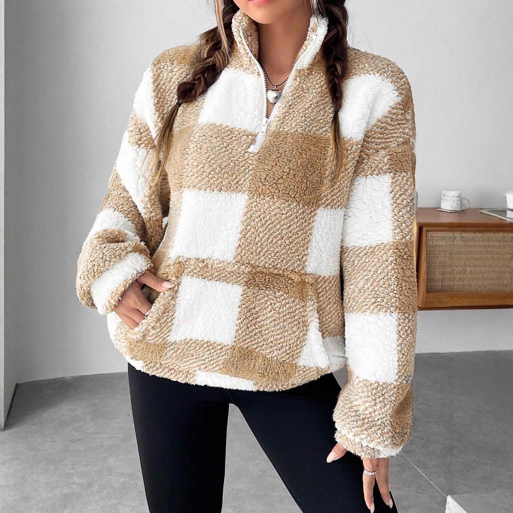 Осінньо-зимова мода Коротка картата напіврозкрита комір плюшева жіноча повсякденна толстовка
