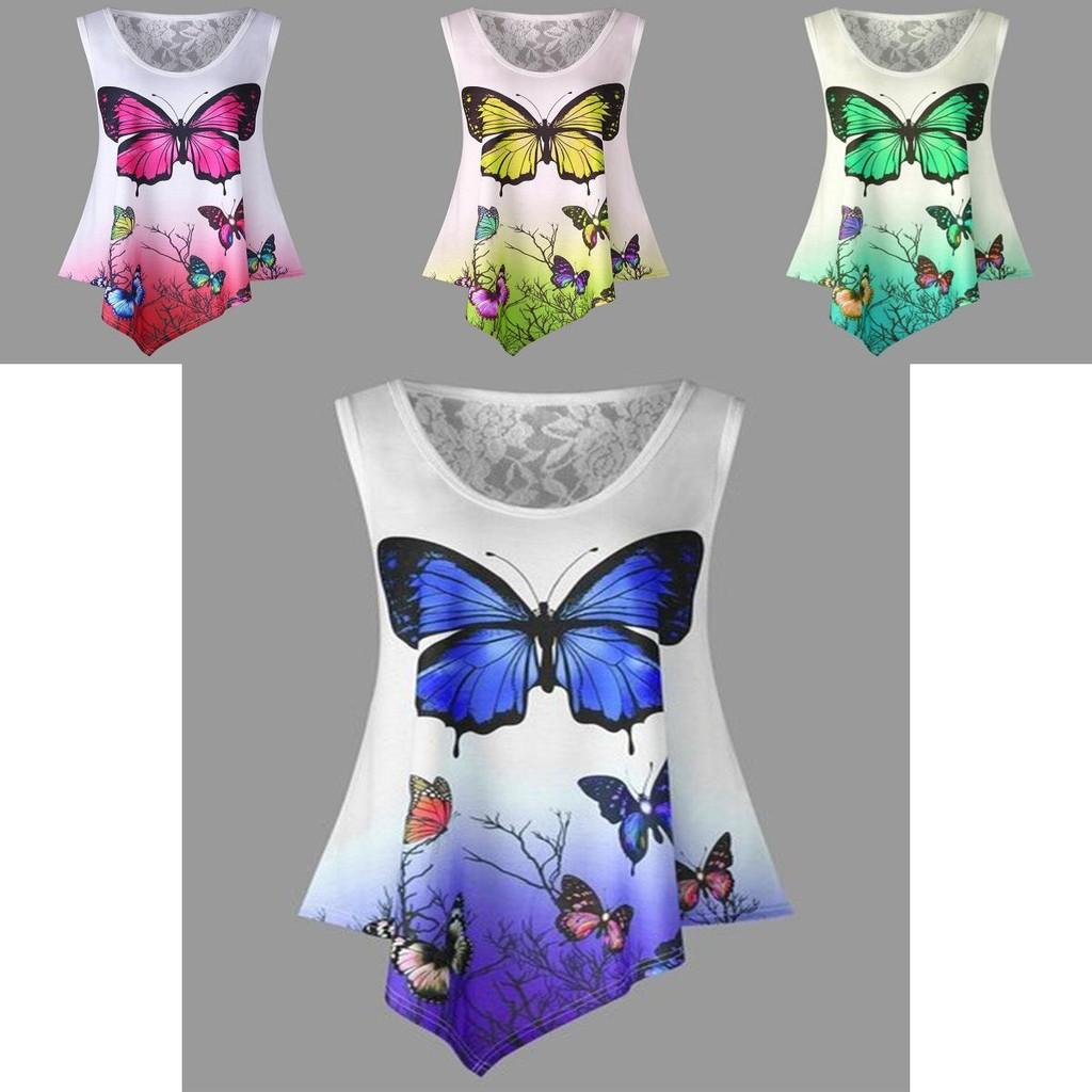 Stylish Women Sleeveless Butterfly Print Lace Patchwork T-shirt For Summer Chic