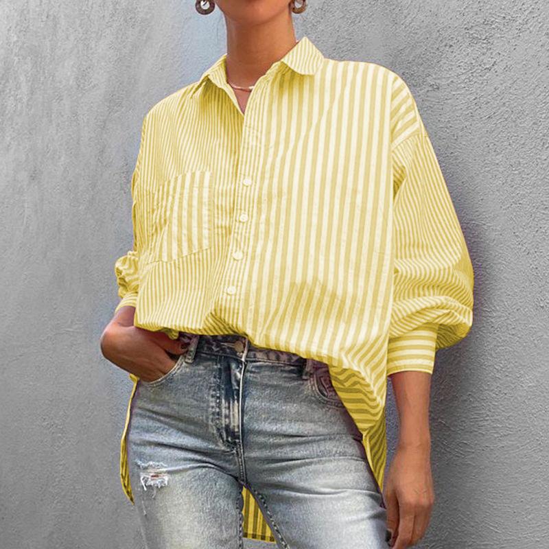 Damenmode, lässig, Sommer, Frühling, Streifendruck, langärmelig, Polo-Ausschnitt, Blusen und Hemden