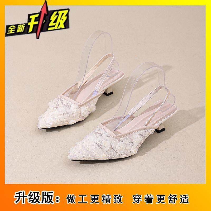 Gentle Pointed Head with Bag Head Thick Heel Half Slippers Outer Wear Women's 2025 Spring and Summer New Fashion Mesh Cool Slippers