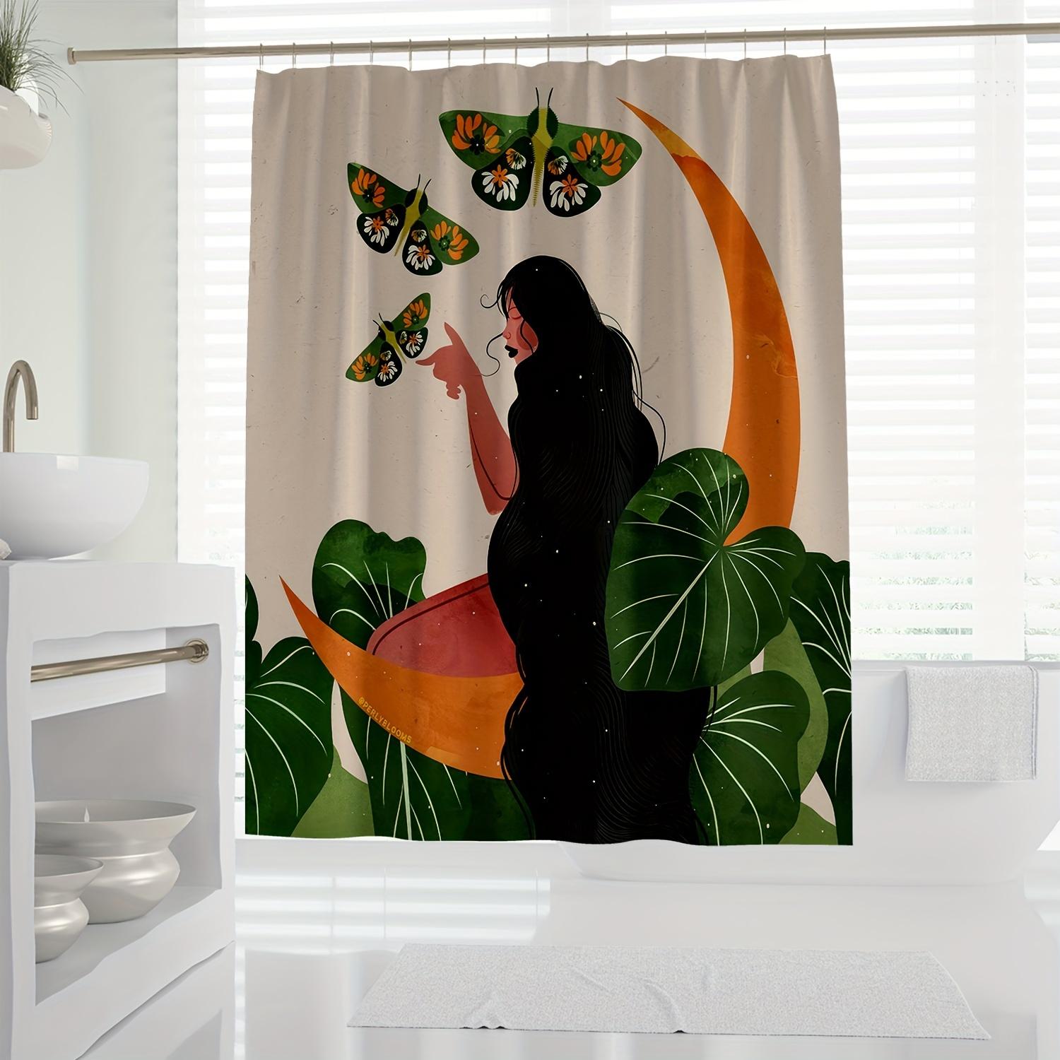 

1pc Tropical Boho Shower Curtain, Fashionable Digital Print, European American Collage Art, Waterproof Bathroom Decor With Hooks 90x180cm35x71in