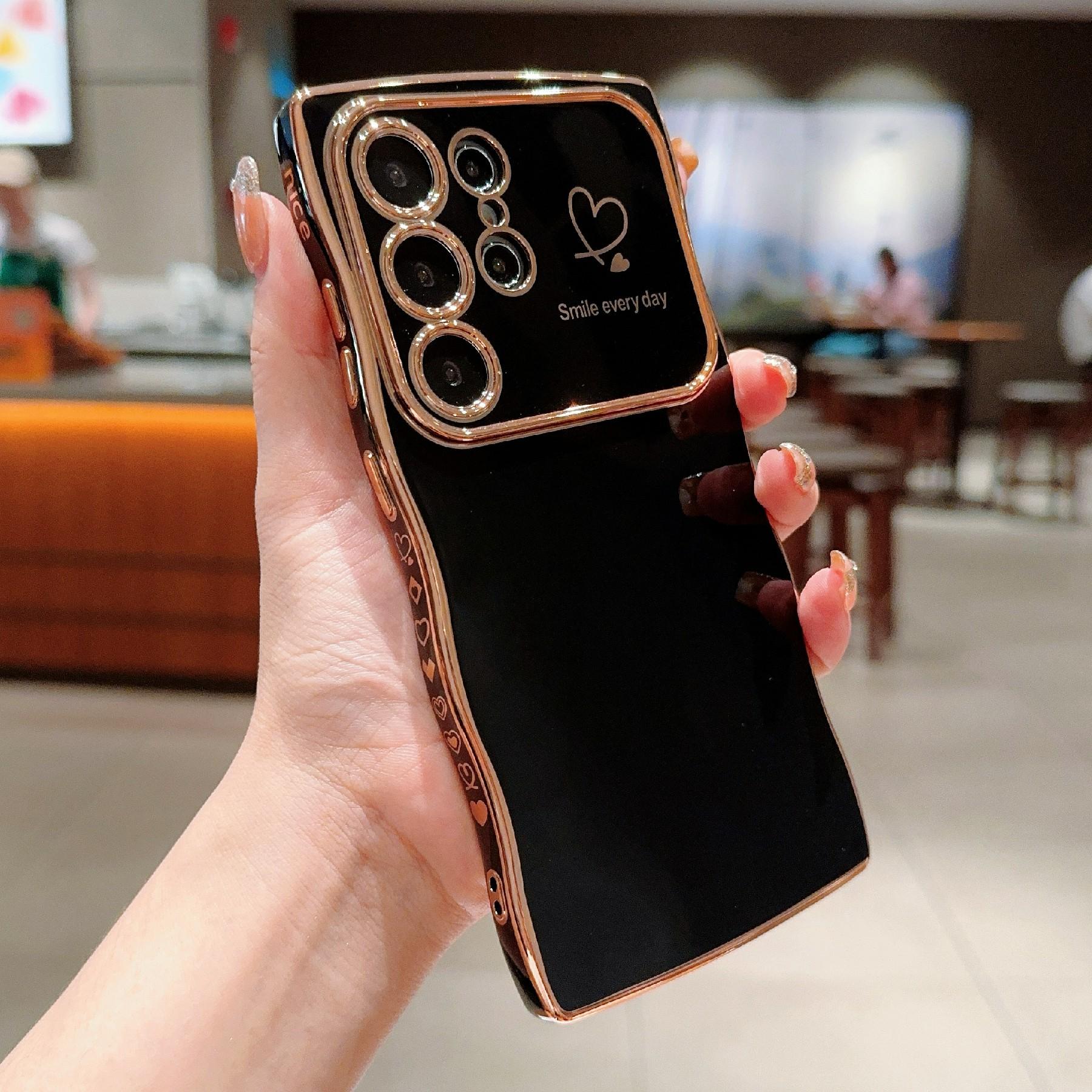 

For Samsung Galaxy S24 Ultra Case Wave Frame with Love Heart Raised Camera Protection TPU Cover Black