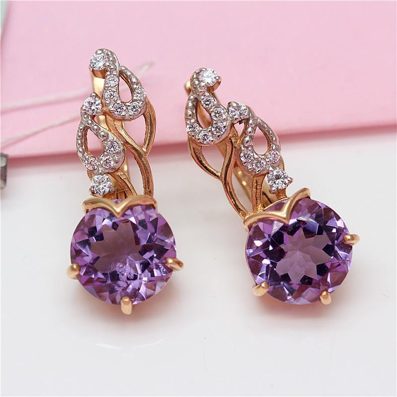 Exquisite Russian 585 Purple Gold Earrings Seiko Rose Gold Plated Purple Stone Earrings High-End Temperament Women