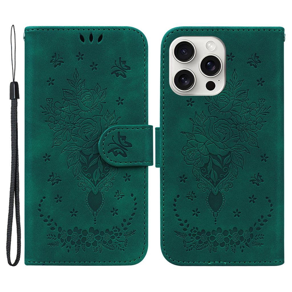 For iPhone 16 Pro Max Wallet Case PU Leather Phone Cover Butterfly Flower Imprint