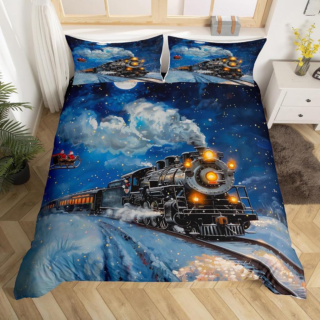 Winter Snow Train Duvet Covers For Kids Teens Queen Size Lightweight Quilt Covers Train Railway Track Bedding Set No Comforter