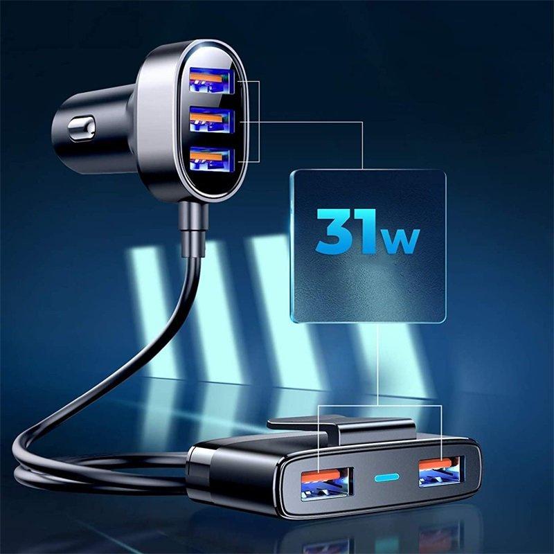 Joyroom 5-Port USB Car Charger with 6.2A Output & Extension Cable, Black (JR-CL03)