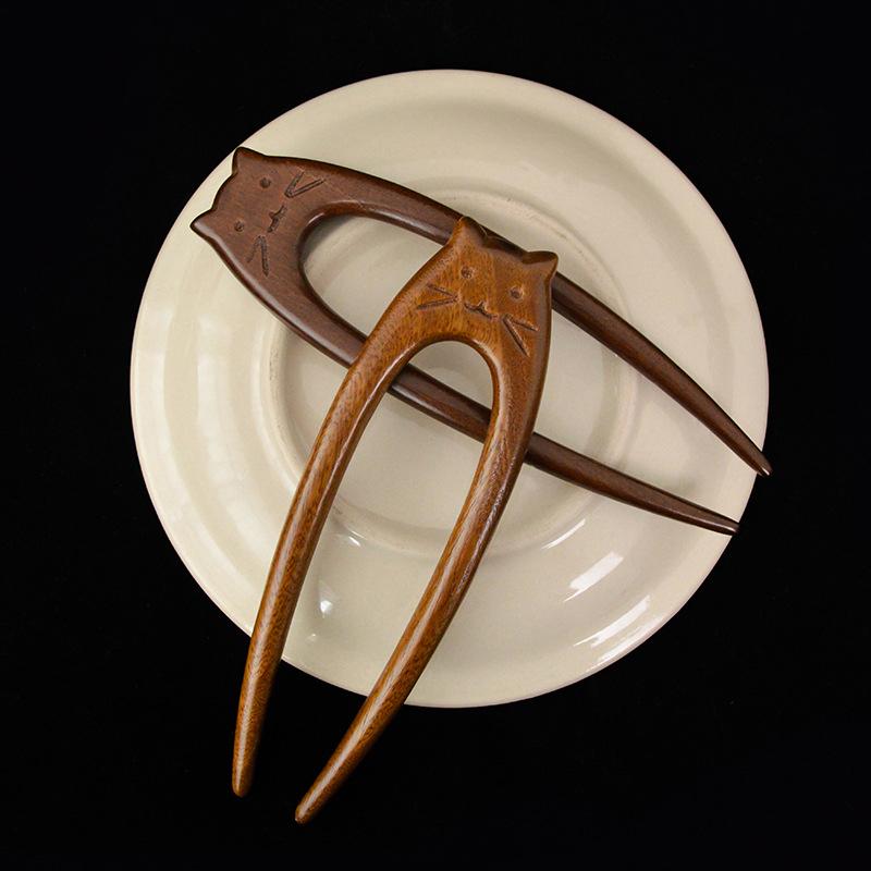 Chinese Style Cat Hair Sticks Wooden U Shaped Hair Forks For Women Girls Hanfu Hairpin Headwear Simple Hair Accessories Gifts