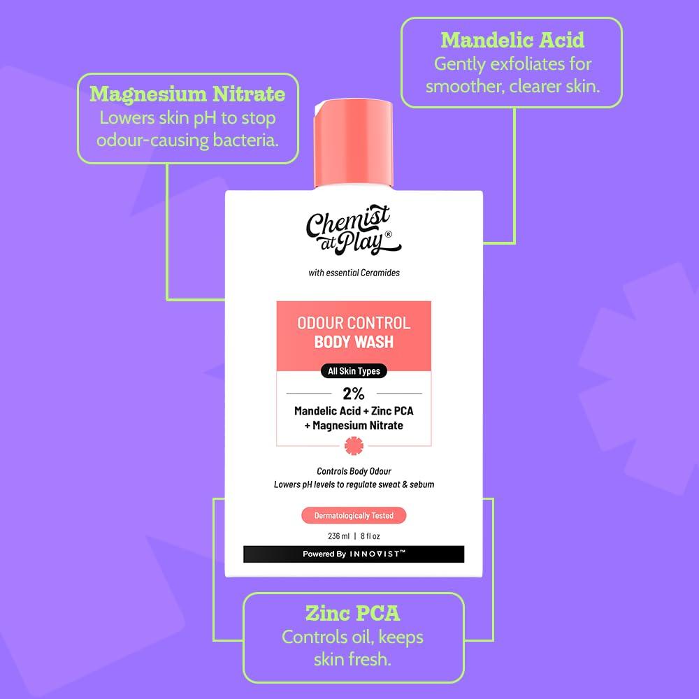 Chemist At Play Odour Control Bodywash | India’s 1st | With 2% Magnesium Nitrate, Mandelic Acid & Zinc PCA | Long Lasting Freshness | Lowers PH Level