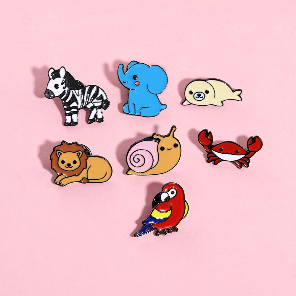 7 Styles Cartoon Mini Animal Enamel Brooches Cute Crab Elephant Snail Zebra Parrot Lion Shaped Pins For Women Girls Badge