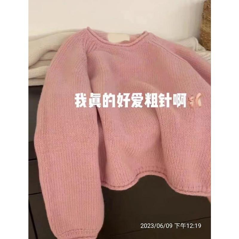 Gekräuseltes einfarbiges sanftes lockeres Strickoberteil vielseitiger lässiger weicher wachsartiger Pullover mit niedrigem Rundhalsausschnitt für Damen