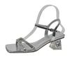 High Heels Sandals Womens Rhinestone Straight Strap Transparent Sandals Women Crystal Heels Chubby Feet Plus Size Women's Shoes