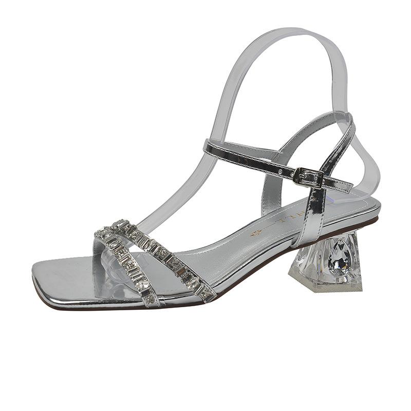 High Heels Sandals Womens Rhinestone Straight Strap Transparent Sandals Women Crystal Heels Chubby Feet Plus Size Women's Shoes