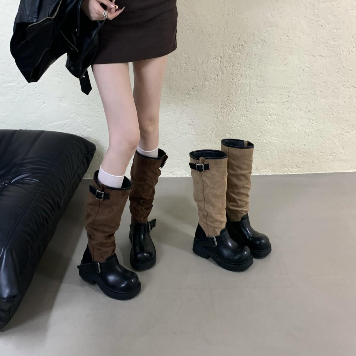 

2025 autumn and winter new thick-soled thick-heeled round head color matching thin tall locomotive women s boots western cowboy boots 39 хаки