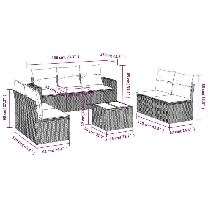 VidaXL Garden Lounge Set with Cushions 8 Pcs, Sofas with Adjustable Feet, Outdoor Furniture Set Patio Terrace, 3218833