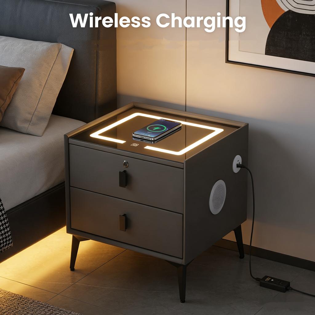 Smart Nightstand w/ Fingerprint Lock Drawer Nightstand w/ Wireless Charging/2 USB LED Lights Side Table for Bedroom/Living Room