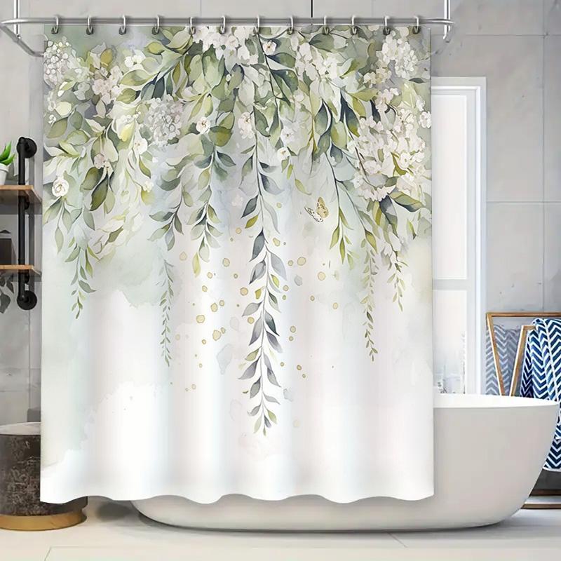 

Элегантная белая цветочная и зеленая лиственная шторка для душа для современного декора ванной комнаты Водонепроницаемая ткань с крючками Подчеркивает домашний стиль 180X180cm(70x70in)