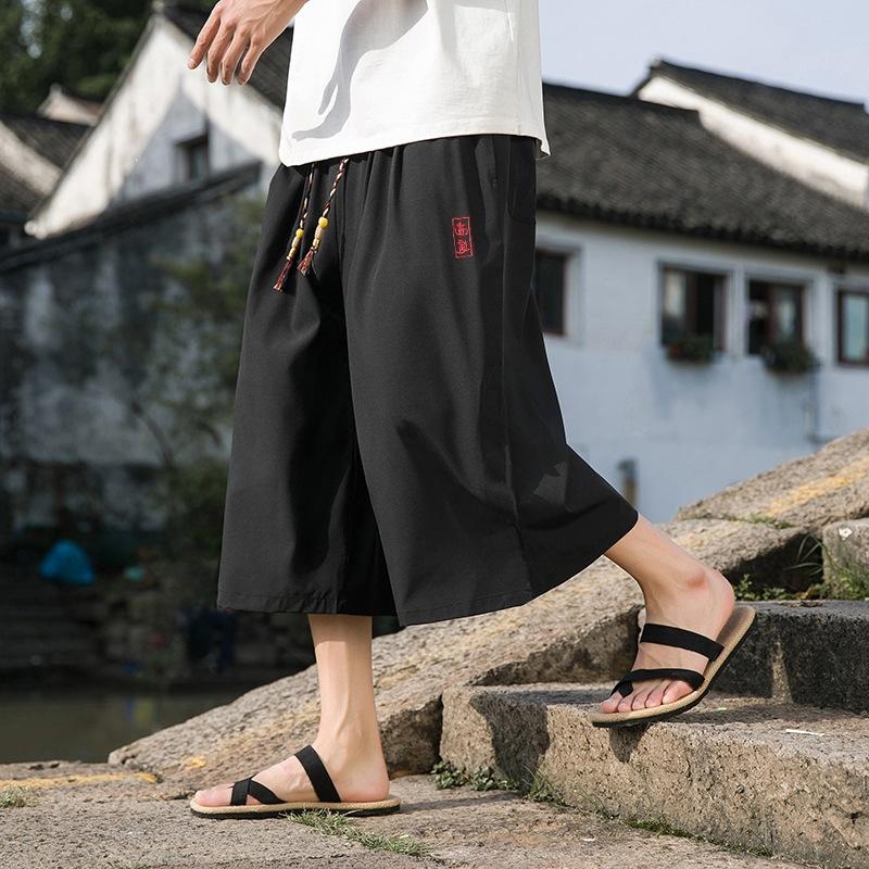 Summer Chinese Style Capri Pants Men's Fashion Casual Loose Harem Pants Man Lightweight Straight Wide Leg Pants Men