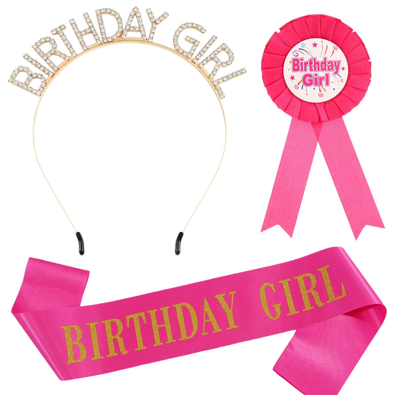 

3Pcs Birthday Girl Accessories Set With Glittering Sash Rhinestones Headband Decorative Pin For Birthday Decoration горячий розовый
