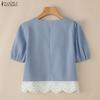 ZANZEA Damen Casual Rundhals Kurzarm Spitze Einsatz Bluse