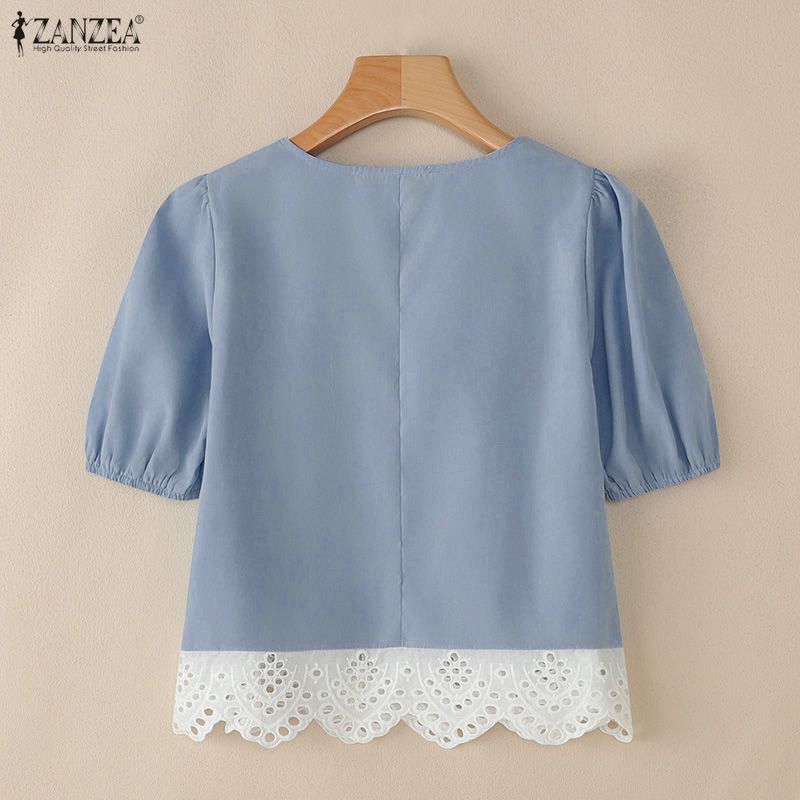 ZANZEA Damen Casual Rundhals Kurzarm Spitze Einsatz Bluse