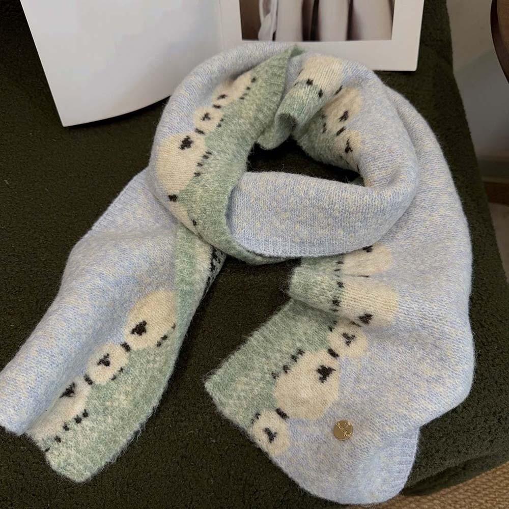 Color Contrast Winter Knitted Scarf Thick Plush Wool Blend Neckerchief Christmas Gift