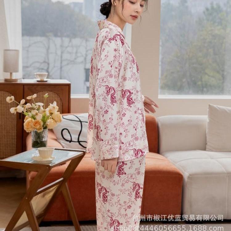 Internet-famous spring and autumn new ice and snow silk sweet floral women's high-luxury long-sleeve set loungewear pajamas