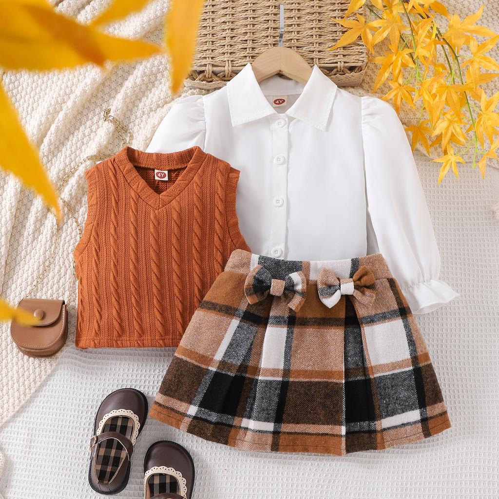 Spring and Autumn Children's Casual Long-sleeved Shirt + Plaid Skirt + Sweater Vest Three-piece Suit