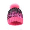 Women Sequin Knitted Beanie Hat Cap with Faux Fur Pom Pom Warm Skull Cap Winter