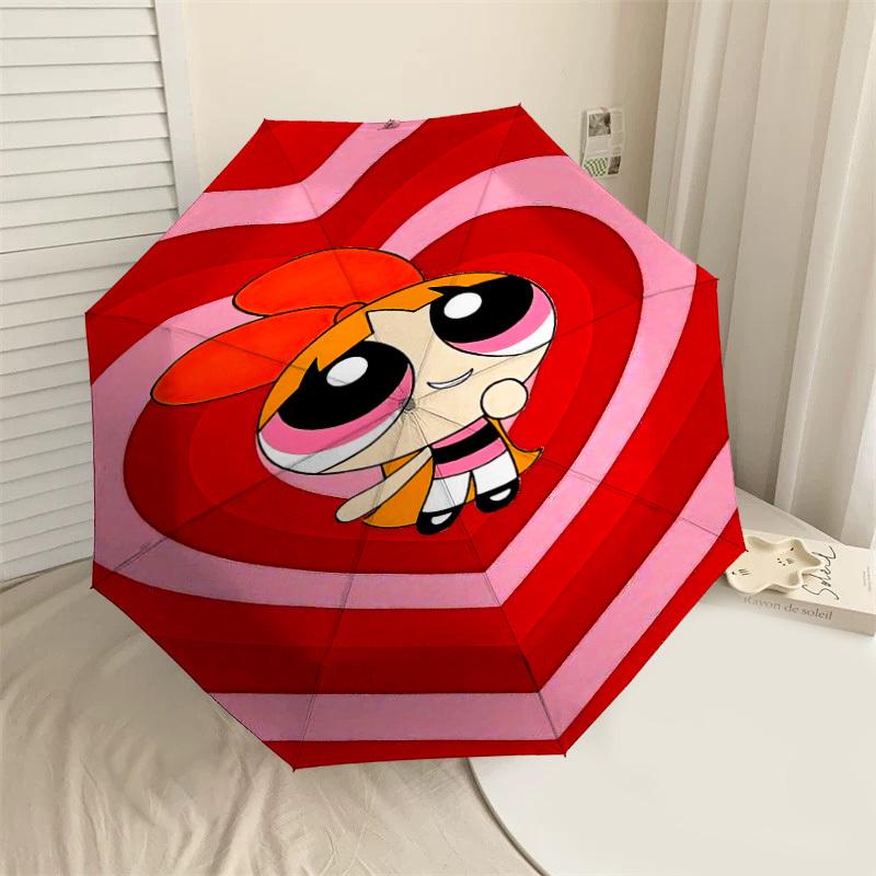1PC Warner Powerpuff Girls Heart Automatic Open/Close Umbrella with Windproof, 65-Rib Sturdy Canopy, Durable Ribs1282A