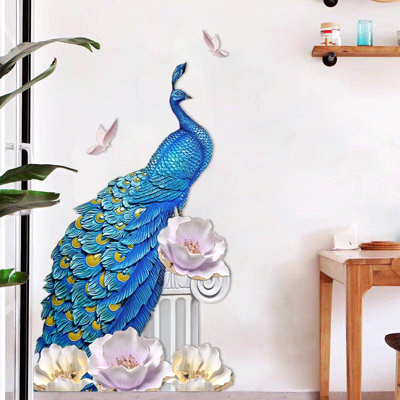 Nuovo Adesivo da Parete Pavone Blu e Peonia per Camera da Letto Soggiorno Corridoio Decorazione Murale per la Casa