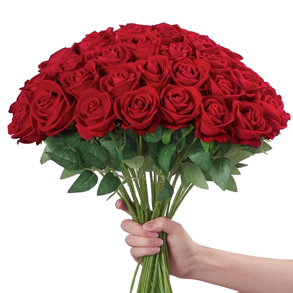12/24pcs Artificial Simulated Red Rose Realistic Flexible Stem Wedding Decoration Valentine's Day Gift Fake Flower