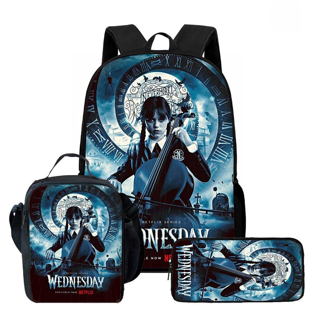 Wednesday Backpack Lunch Bag Pen Case Set With Geometric Pattern For Daily Use