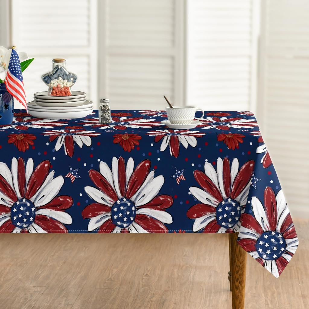 Horaldaily 4th of July Tablecloth 60×60 Inch Round, Patriotic Memorial Day Red and Blue Print Flowers Independence Day Washable Table Cover for