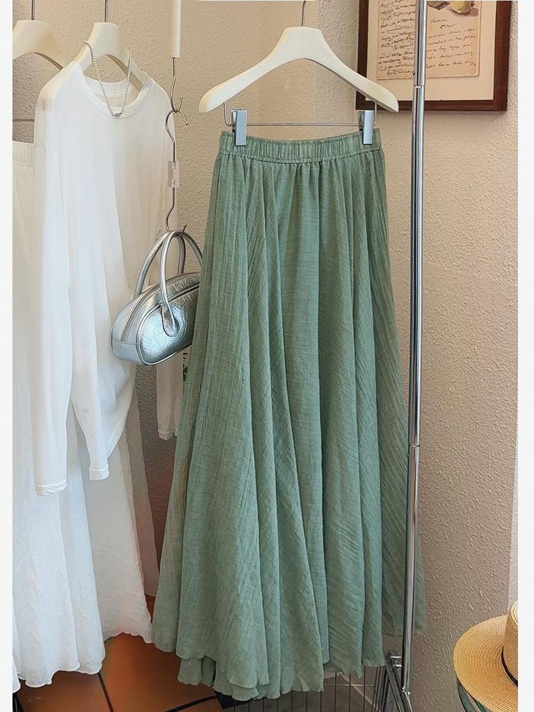 Spring New Gentle Style Ice Silk Cotton Linen A-line Pleated Long Skirt - Women’s High Waist Slimming Drape with Large Hem.