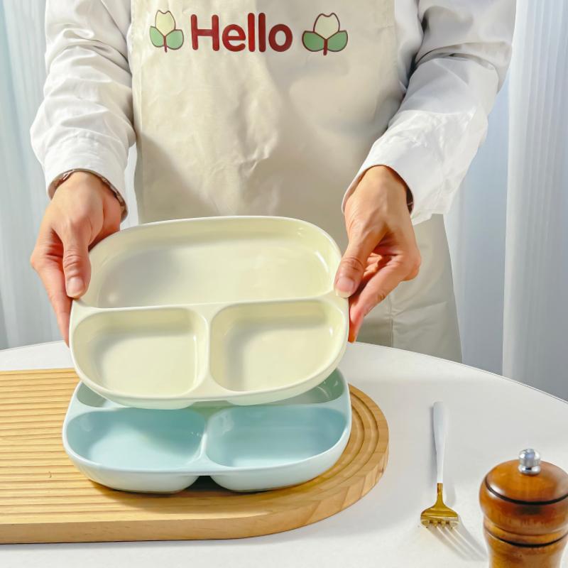 8 Inch Ceramic Dividing Plates for Adults Weight Loss Three Compartments  Simple Solid Children Dish Green Cream Wind Tableware