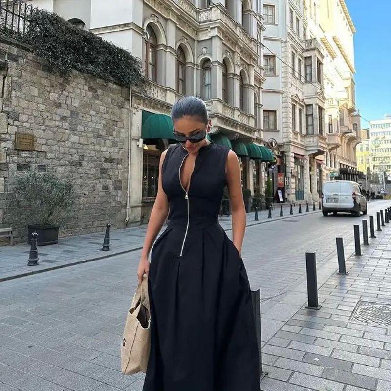 

Sleeveless Zipper Dress Slim Fit Long Skirt Sleeveless Zip-up Slim fit Long dress black L