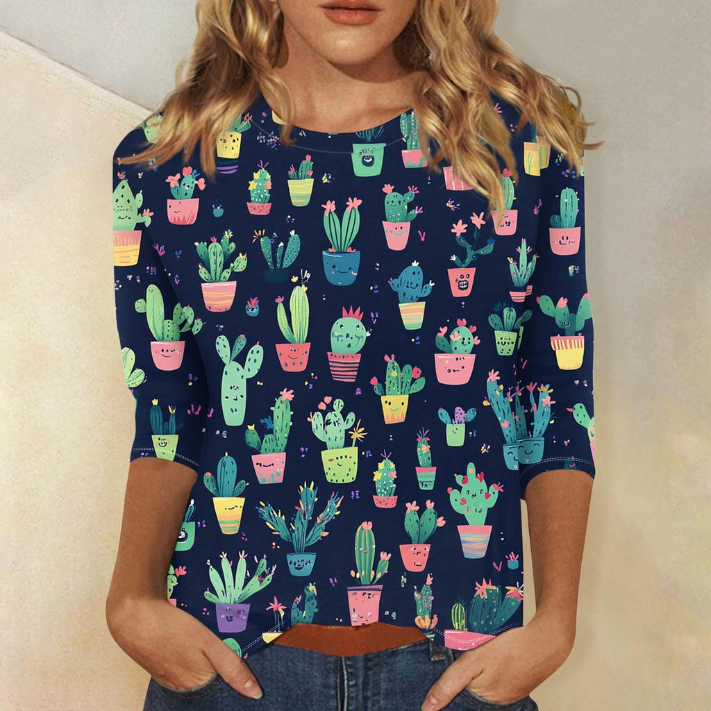 Women's Fashion Loose Casual Seven Sleeve Printed Round Neck Top