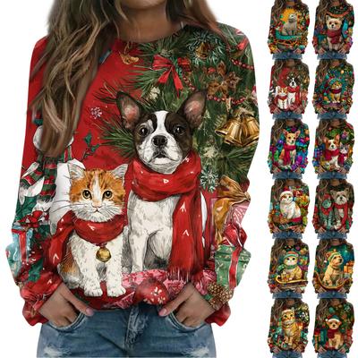 Women's Fashion Casual Long Sleeve Christmas Printed Neck Sweatshirt Top