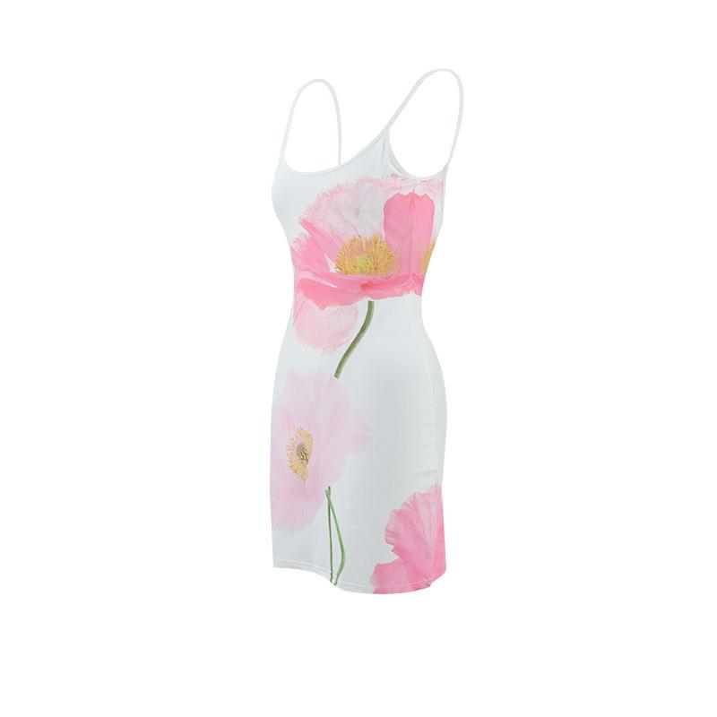 Summer Sleeveless Slim Fit Sexy Straps Dress Women Elegant U-neck Backless Slim A-line Party Club Casual Dresses Women Floral Print Short Dress 26478