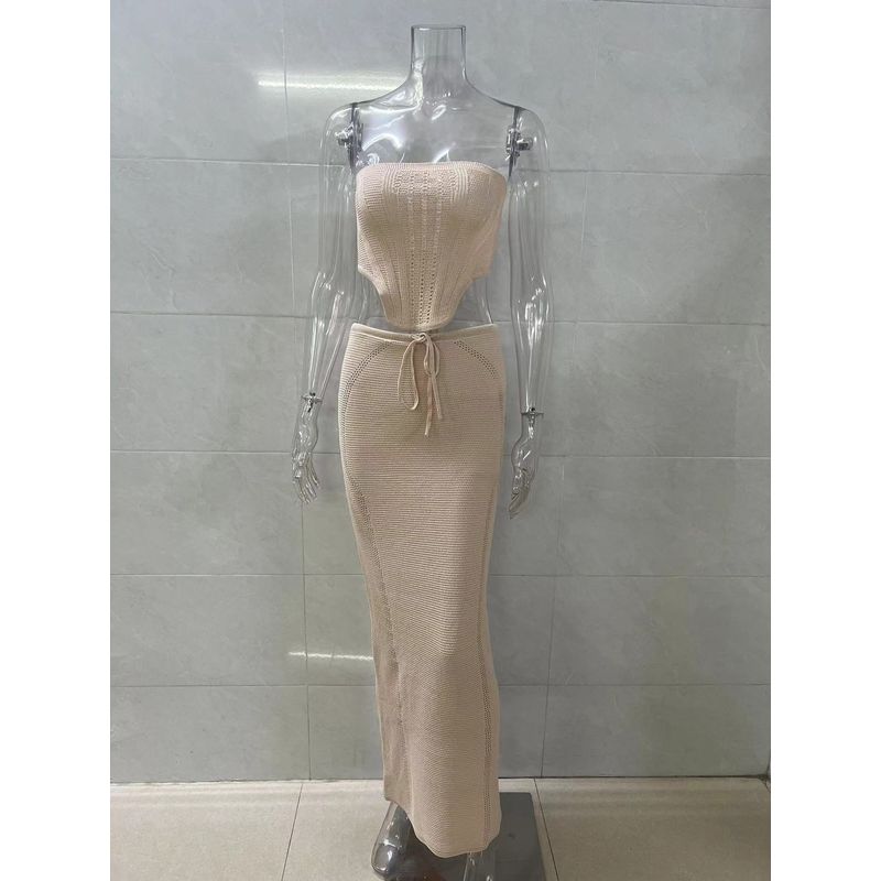 

Transitional Sexy European and American New Fashion Sexy Trendy Backless Tube Top Top Sheath Knitted Long dress Dress Outfit CAMEL S