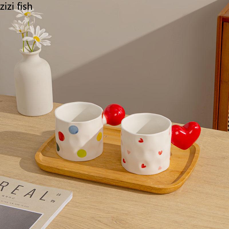 Creative Heart Shaped Ceramic Mug High Beauty Polka Dot Coffee Mug Office Cute Milk Cup Breakfast Cup Household Water Cups