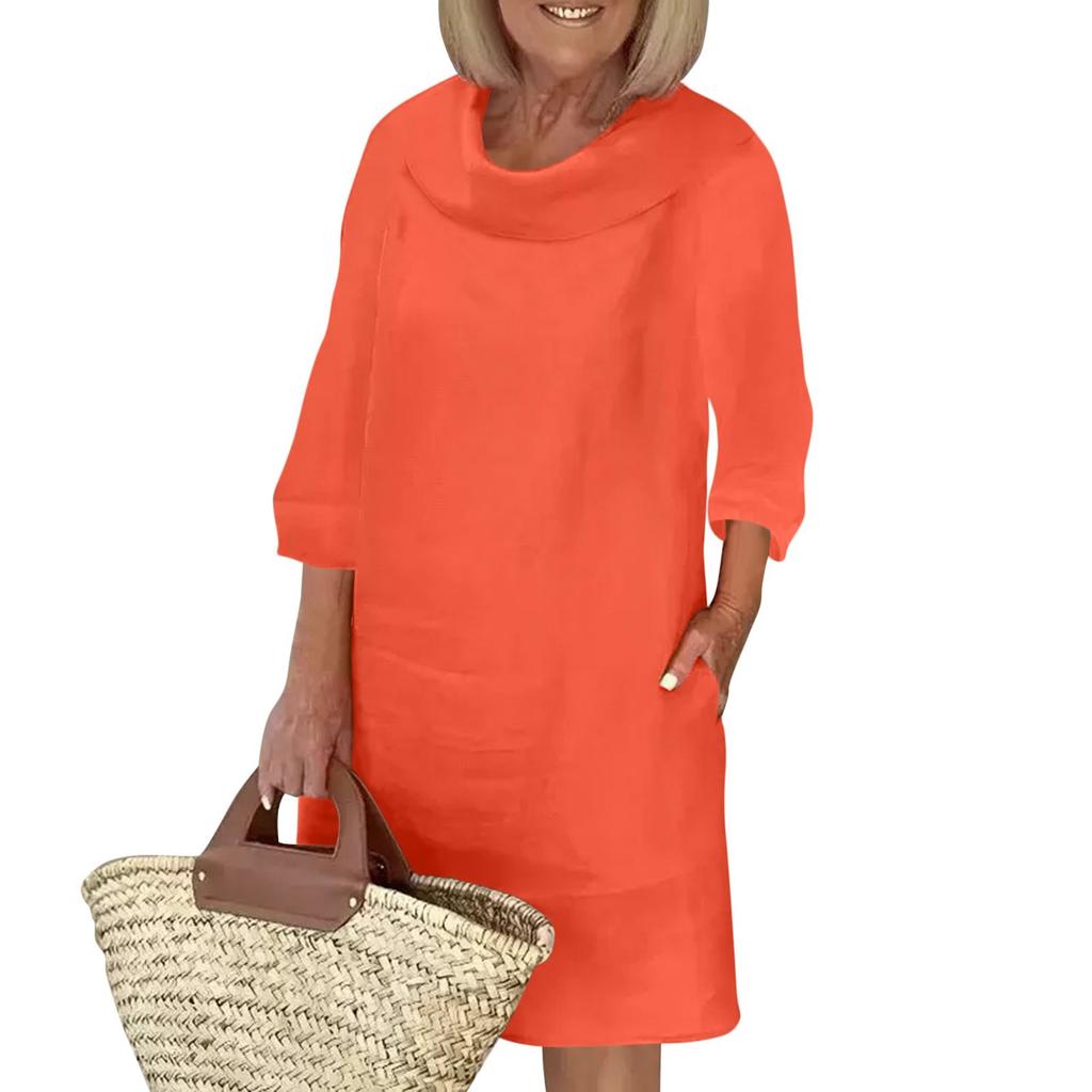 Women's Cotton And Linen Temperament Commuting Long Spliced Round Neck Casual Solid Color Dress