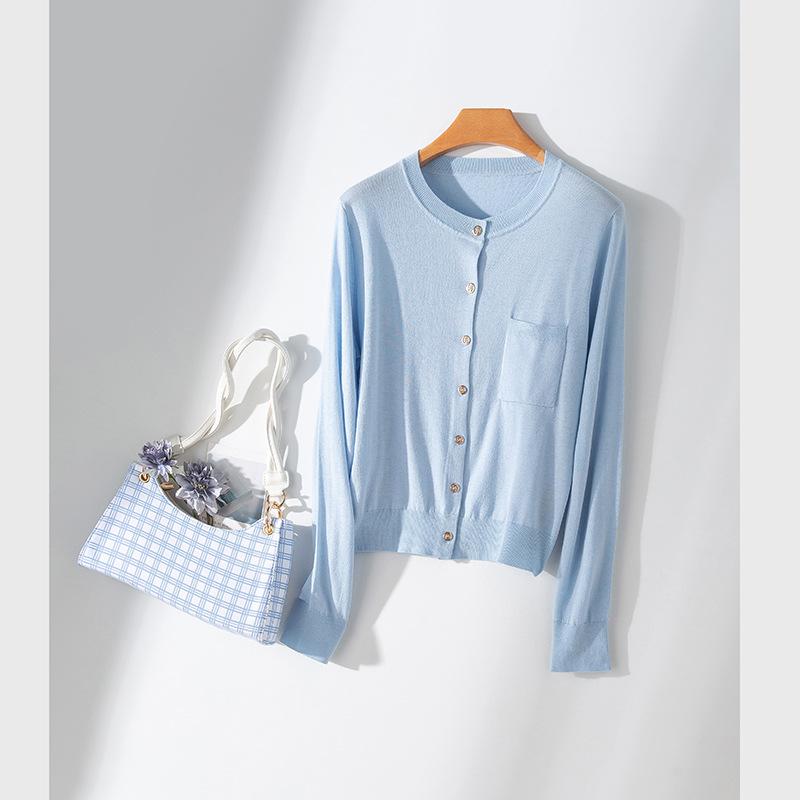 Ultra-fine merino cotton wool blended knitted cardigan women's round neck basic long-sleeved versatile loose and thin top