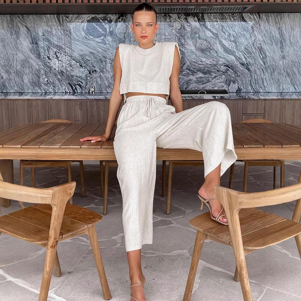2024 Summer Women's Cotton Linen Two-Piece Set: Sleeveless Shoulder Pad Top & Trousers – European-American Casual Fashion