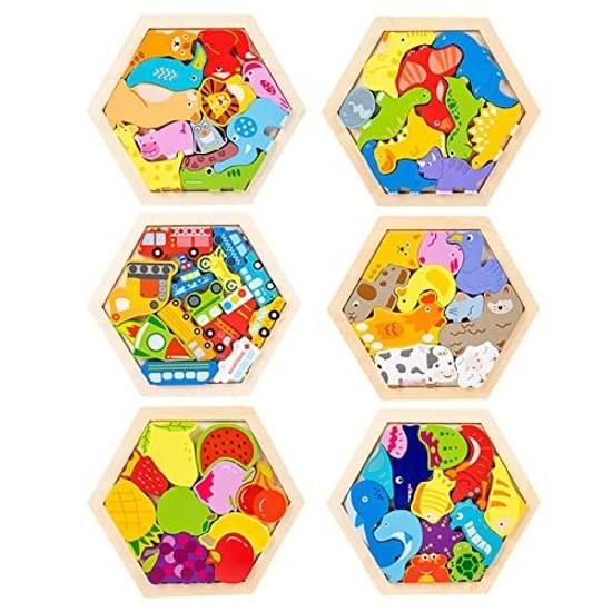 TOMMYFIELD Wooden Puzzle Inset Animals Fruits Cars 6-Piece Set