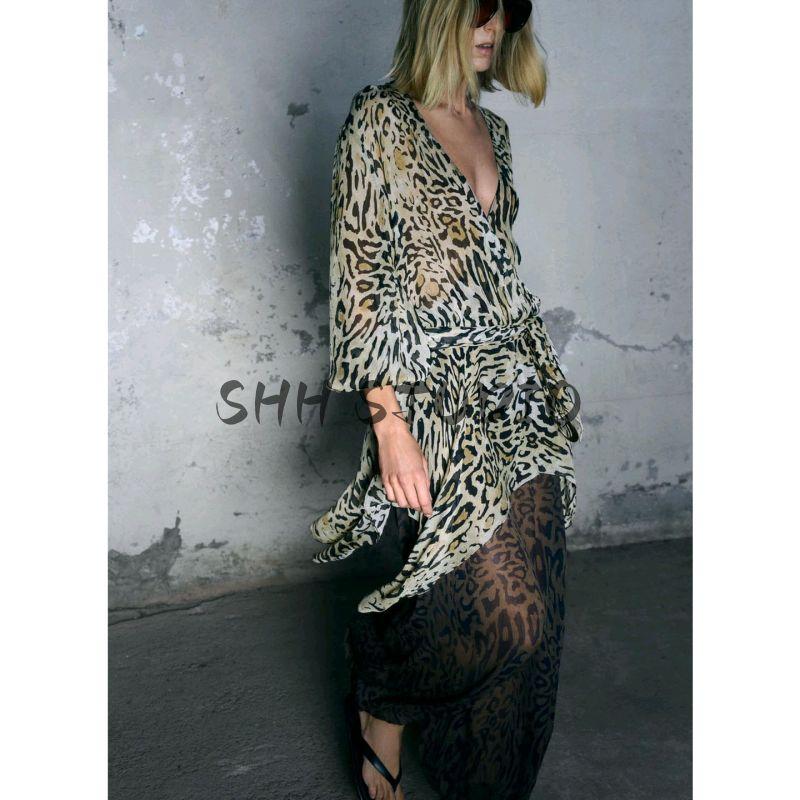 Autumn New Women's Clothing Double Breasted V Neck Long Sleeves Asymmetrical with Belt Animal Pattern Print Tops 8551067