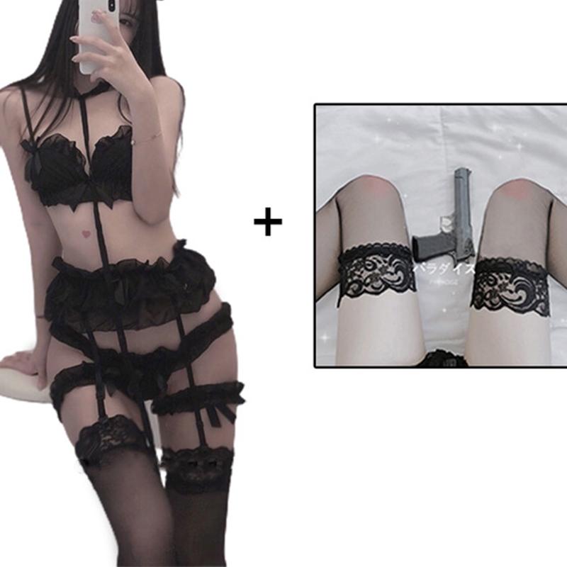 Women Sexy Lingerie Set Cute Ruffles Lace Kawaii Babydoll Soft Girl Black Pajamas Japanese Lolita Cosplay Costumes