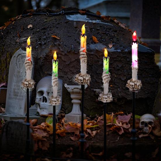 Solar Halloween Pathway Lights Spooky Skeleton Hand Hold Candle with Stakes Waterproof LED Candle Lamp for Indoor Outdoor Home Yard Garden Lawn Porch